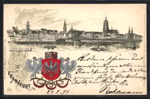 Lithographie Alt-Frankfurt, Eiserner Steg, Dom, Stadtwappen
