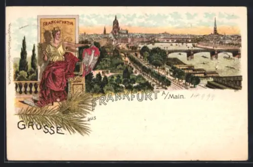 Lithographie Frankfurt a. Main, Blick auf Main mit Brücke