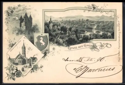 Lithographie Gmünd, Ortsansicht, Johanniskirche, Fünfknopfturm, Wappen