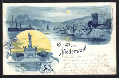 Lithographie Niederwald, National-Denkmal, Rheinansicht im Mondschein