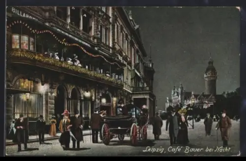 AK Leipzig, Cafe Bauer bei Nacht