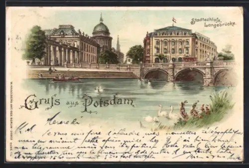 Lithographie Potsdam, Stadtschloss und Langebrücke