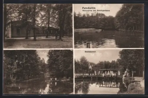 AK Fehrbellin, Rheinpartie am Gasthof Schützenhaus, Badeanstalt