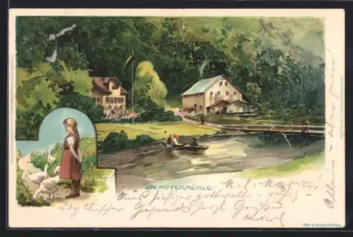 Lithographie Stempfermühle, Mühle am Fluss, Ruderboot