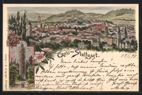 Lithographie Stuttgart, Stadtansicht und Aussichtsturm
