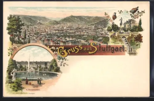 Lithographie Stuttgart, Ortspanorama, K. Residenzschloss