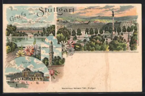 Lithographie Stuttgart, Neues Schloss, Schloss mit Anlagen, Degerlocher Aussichtsturm, Solitude