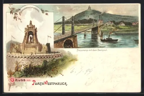 Lithographie Porta Westfalica, Kaiser Wilhelm-Denkmal, Brückenpanorama