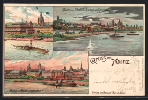 Lithographie Mainz, Winterhafen, vom Kastel aus gesehen