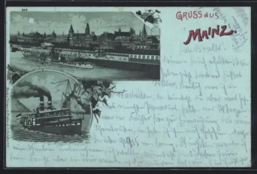 Mondschein-Lithographie Mainz, Rheinansicht mit Dampfschiffen und Ortspanorama