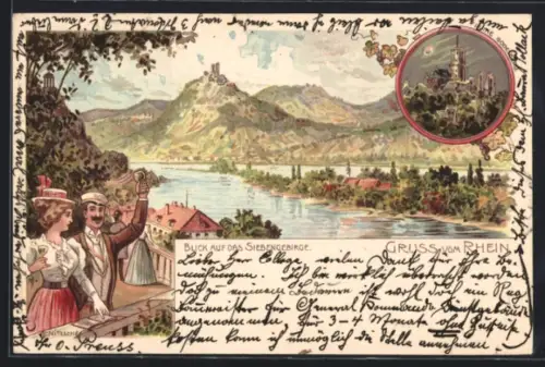 Lithographie Godesberg am Rhein, Blick auf das Siebengebirge