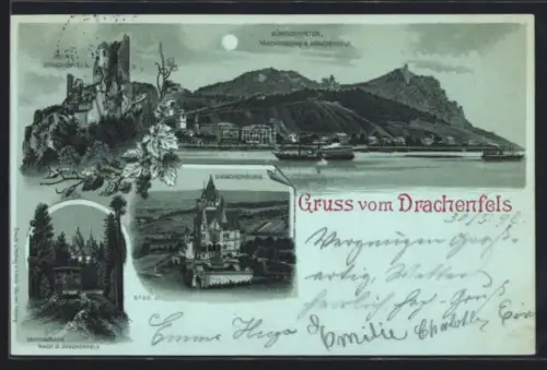 Mondschein-Lithographie Königswinter, Drachenfels, Drachenburg, Zahnradbahn