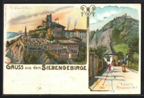 Lithographie Rhöndorf bei Drachenfels, Kapelle Rhöndorf, Blick zur Ruine Drachenfels