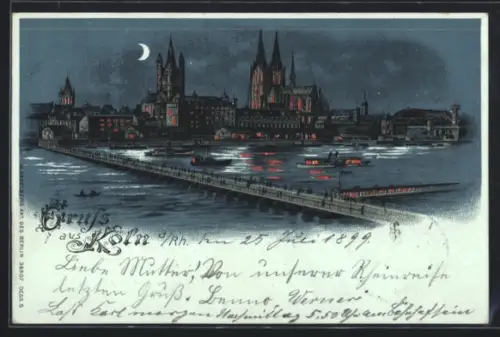 Lithographie Köln a. Rh., Rheinpartie bei Nacht, Halt gegen das Licht