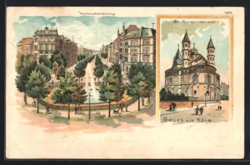 Lithographie Köln, Hohenzollernring, St. Apostelnkirche