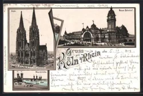 Lithographie Köln a. Rhein, Dom, Rheinbrücke, Neuer Bahnhof