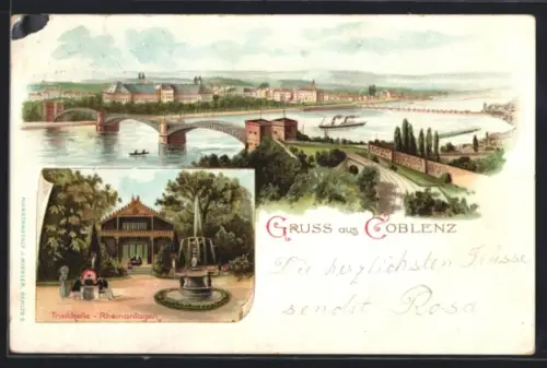 Lithographie Coblenz, Rheinbrücke, Trinkhalle in den Rheinanlagen