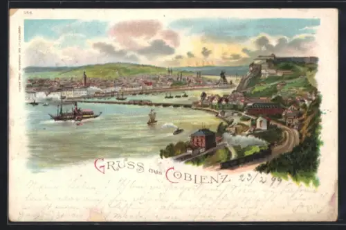 Lithographie Koblenz, Ortsansicht mit Flusspartie