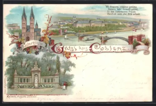 Lithographie Coblenz, Kastorkirche, Rheinbrücke, Kaiserin Augusta-Denkmal