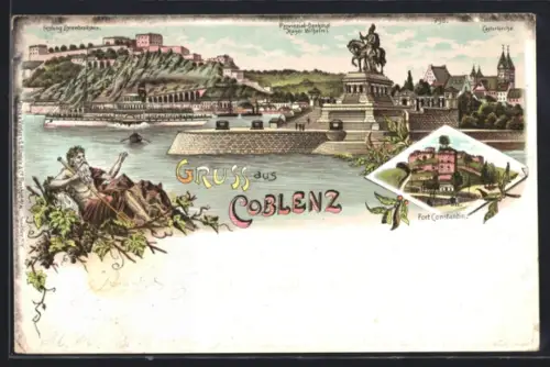 Lithographie Koblenz, Denkmal Kaiser Wilhelm I., Festung Ehrenbreitstein, Fort Constantin