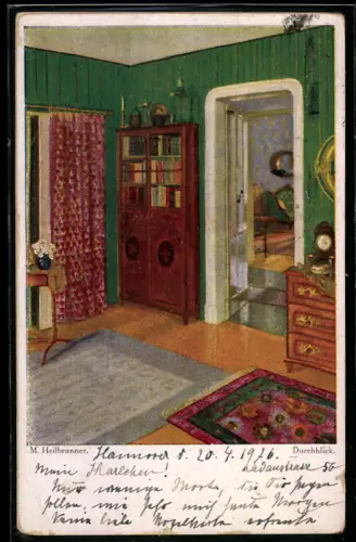 Künstler-AK sign. M. Heilbronner: Durchblick, Schön eingerichtetes und aufgeräumtes Zimmer mit Teppich