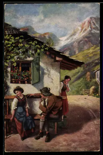 Künstler-AK sign. J. Barth: Pärchen wird von junger Frau belauscht