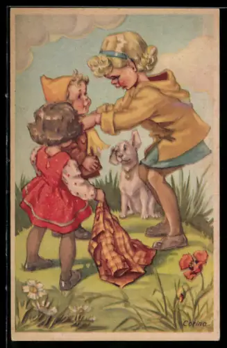 Künstler-AK sign.: Corina: Mädchen zieht ihr Brüderchen an