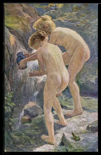 Künstler-AK sign. Emil Fröhlich: An der Quelle, zwei Nackte Frauen mit einem Gefäss