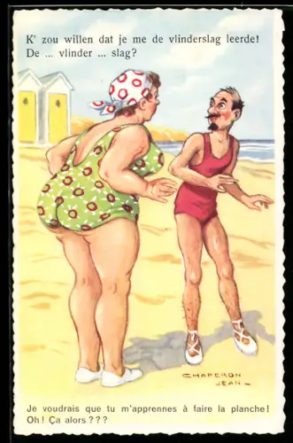 Künstler-AK sign. Chaperon Jean: Dürrer Mann und Frau im Badeanzug am Strand