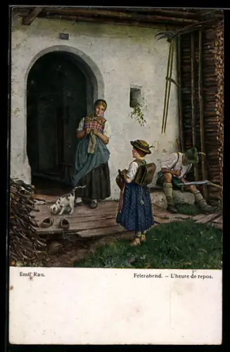 Künstler-AK sign. Emil Rau: Feierabend, Szene mit Katze vor einem Haus, Mann in Tracht