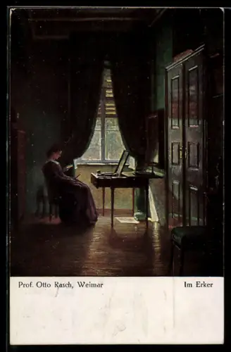 Künstler-AK sign. Otto Rasch: Im Erker, Frau liest an einem Schreibtisch am Fenster