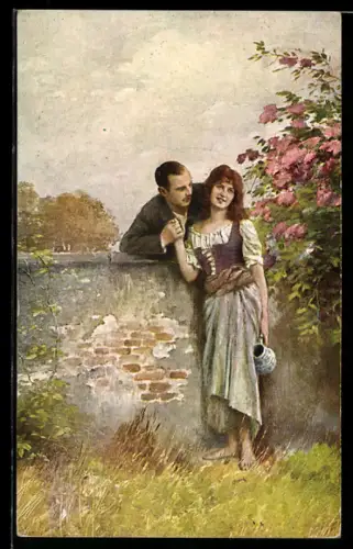 Künstler-AK sign. E. Schneider: Junge Liebe, Paar hält sich über einer Mauer an den Händen