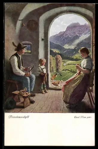 Künstler-AK sign. Emil Rau: Friedensidyll, Familie sieht in eine idyllische Landschaft hinaus