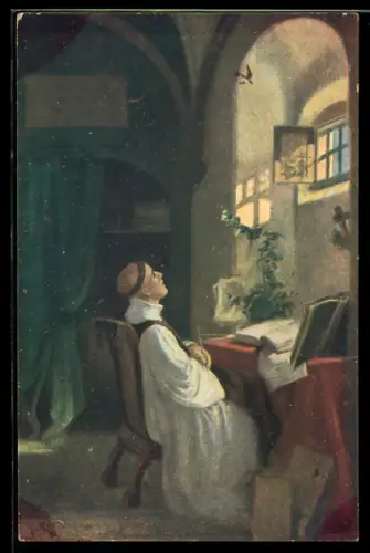 Künstler-AK sign. M. Marlinková: Frühlingsbote, Mönch sieht zu einer Schwalbe am Fenster