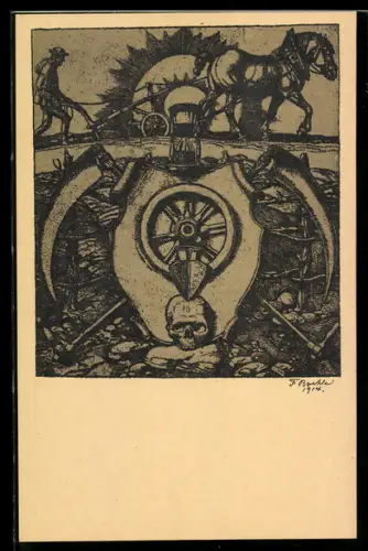 Künstler-AK sign. Fr. Boehle: Wappen mit Wagenrad, Sensen und Totenkopf, Landwirt, Bauer, Pflug