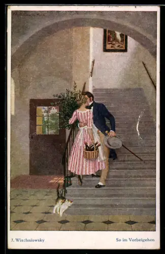 Künstler-AK sign. J. Wischniowsky: So im Vorbeigehen, Mann küsst Frau auf der Treppe