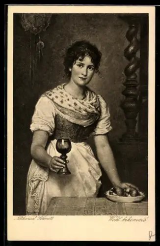Künstler-AK sign. Nathanael Schmitt: Wohl bekomm`s, hübsche Frau mit einem Weinkelch in der Hand
