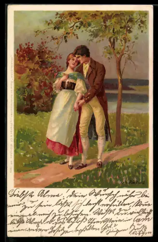 Künstler-AK sign. Arth. Paetzold: Hübsches Paar auf einem Fussweg