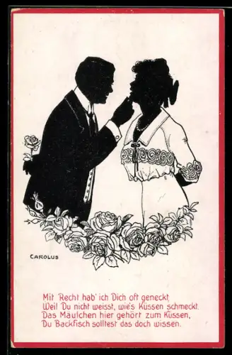 Künstler-AK sign. Carolus: Elegantes Paar, Mann hält eine Rose hinter dem Rücken versteckt, Scherenschnitt