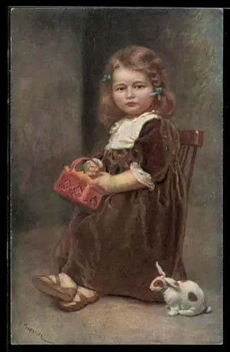 Künstler-AK sign. S. Papperitz: Herzblättchen, Junges Kind mit Korb und niedlichem Kaninchen