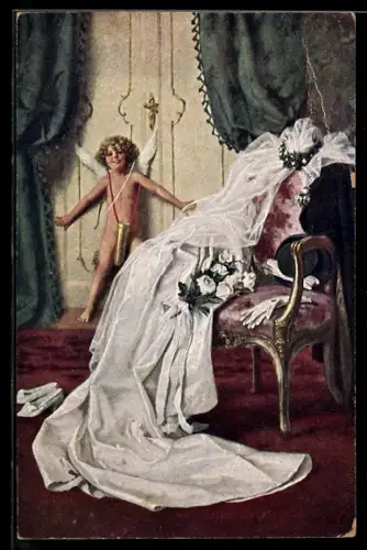 Künstler-AK sign. Ertze: Verborgener Eingang, Amor hält eine Tür verschlossen, abgelegte Hochzeitskleidung