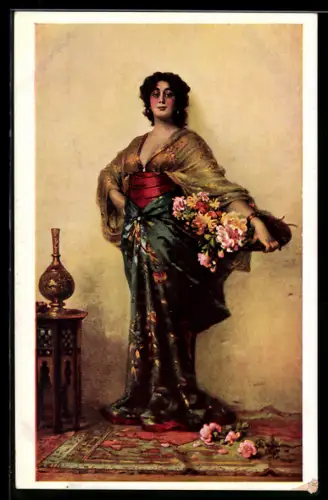 Künstler-AK sign. Sichel: Blumenmädchen, Hübsche Frau mit einem Korb Blumen