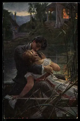 Künstler-AK sign. Pirner: Der ewige Augenblick, Paar küsst sich im Mondschein auf einem See