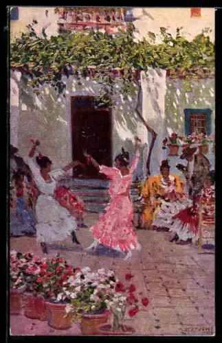 Künstler-AK sign. M. Bertuchi: Frauen tanzen auf einem Hinterhof
