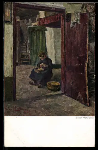 Künstler-AK sign. Oskar Halle: Beim Kartoffelschälen