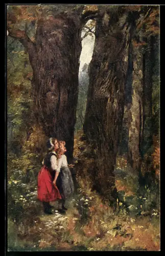 Künstler-AK sign. Tolnay: Vogellied, Kinder stehen im Wald