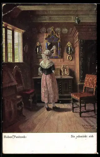 Künstler-AK sign. Robert Panitzsch: Rückenansicht von Frau am Spiegel