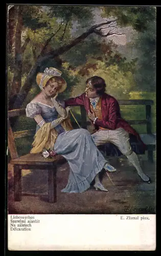 Künstler-AK sign. E. Zlamal: Liebeswerben, Mann umwirbt eine hübsche Frau auf einer Bank