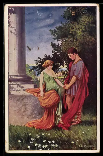 Künstler-AK sign. E. B. Magdic: Römische Liebe, Paar bei einer Säule
