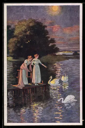Künstler-AK sign. V.A. Ribano: Am Schlossteich, zwei Frauen am Teich mit Schwänen